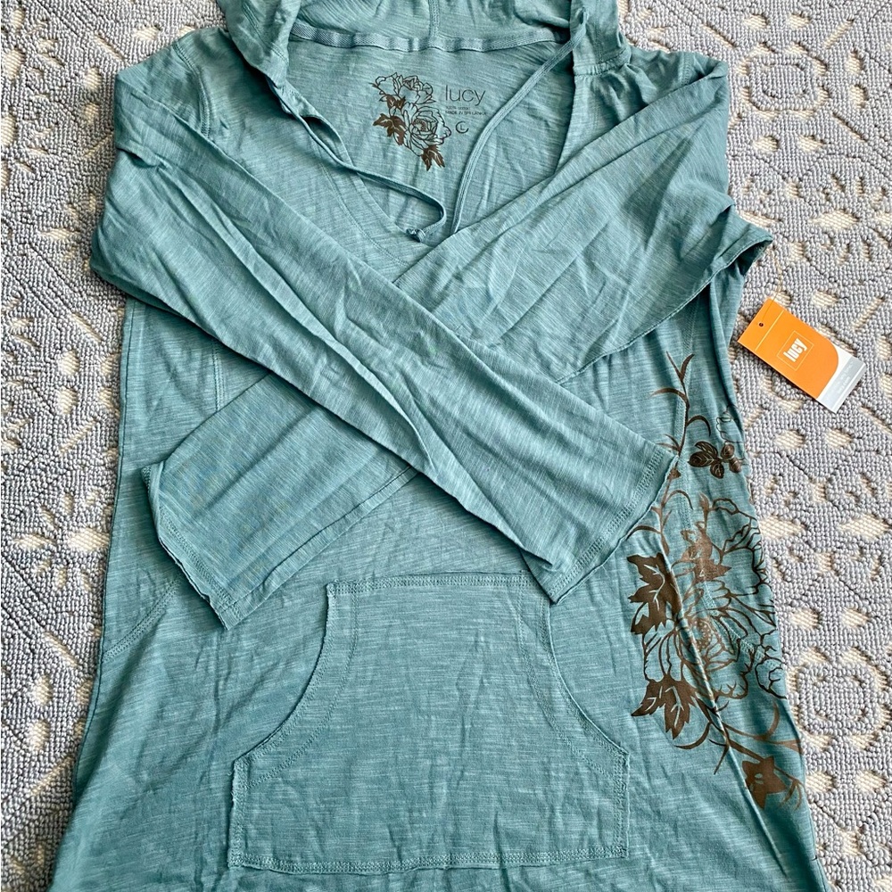 LUCY TRANQUIL FLORAL HOODIE DUSTY BLUE WOMEN’S LONG SLEEVE PULLOVER SIZE LARGE